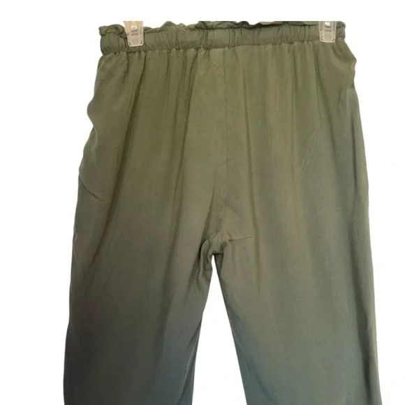 Joggers Paper Bag Waist with Elastic Pockets Side Ankle Tie Olive Green Casual - Picture 5 of 9